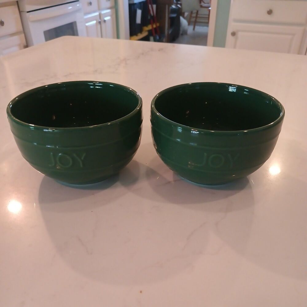 Set of Two (2) New Unbranded Green "Joy" Holiday Dip/Dipping Ceramic Bowls
